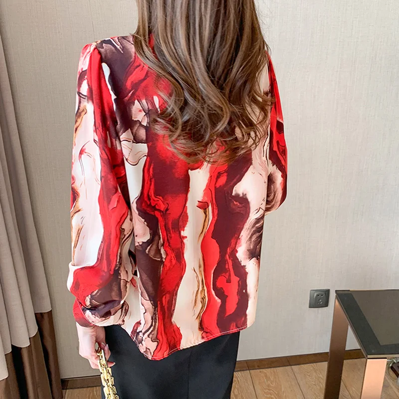 Spring Novelty Blooming Printed Single-breasted Long Sleeved Chiffon Blouses for Women Collar with Chain Colored OL Top Shirt
Spring Novelty Blooming Printed Single-breasted Long Sleeved Chiffon Blouses for Women Collar with Chain Colored OL Top Shirt
