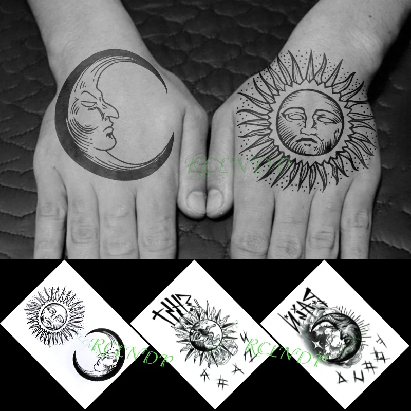 

Waterproof Temporary Tattoo Sticker Sun and Moon Combination Tattoo Stickers In Hand Flash Tattoo Fake Tattoo for Men Women Girl