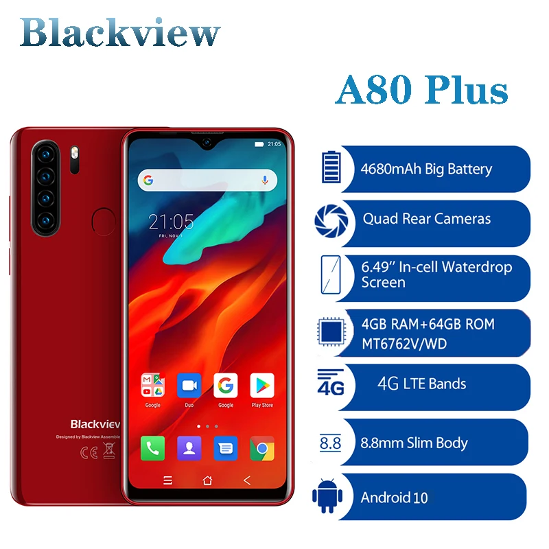 

Blackview A80 Plus Mobile Phone Octa Core 4GB RAM+64GB ROM 13MP Quad Rear Camera 6.49 Inch Waterdrop Smartphone 4G Cellphone