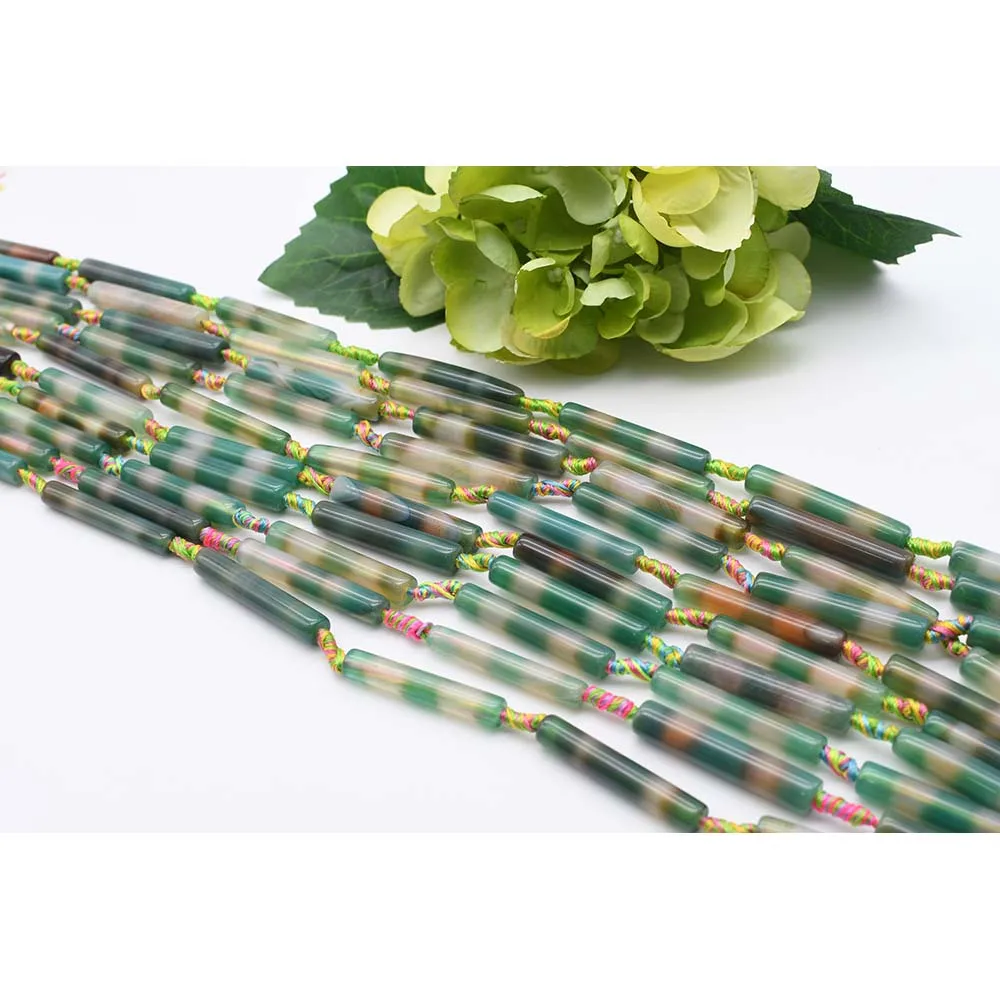 

2strands/lot 40mm Natural Smooth green stripe cylindrical Agate stone bead For DIY Bracelet Necklace Jewelry Making Strand 15"