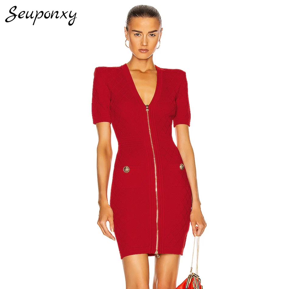 High Quality Sexy V-neck Short Sleeve Zipper Pocket Bandage Dress 2021 Summer Elegant Women's Bodycon Celebrity Party Dress
High Quality Sexy V-neck Short Sleeve Zipper Pocket Bandage Dress 2021 Summer Elegant Women's Bodycon Celebrity Party Dress