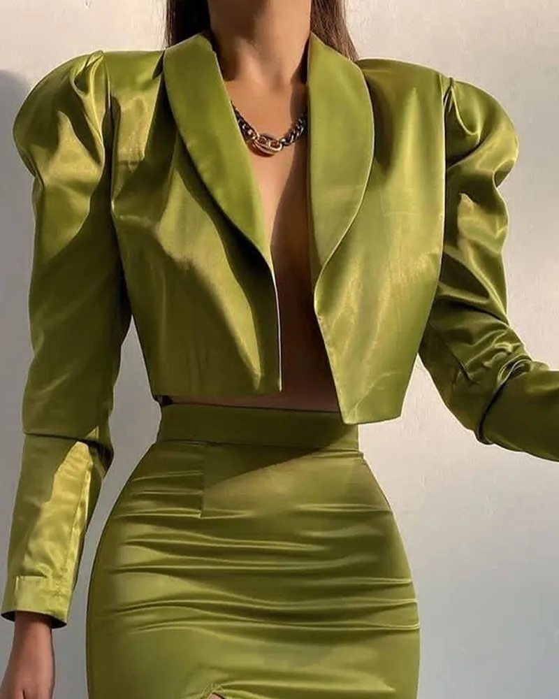 Women Clothes Two Piece Sets Casual Turn-down Collar Puff Sleeve Short Tops & Split Skirt Set 2021 Autumn New 
Women Clothes Two Piece Sets Casual Turn-down Collar Puff Sleeve Short Tops & Split Skirt Set 2021 Autumn New