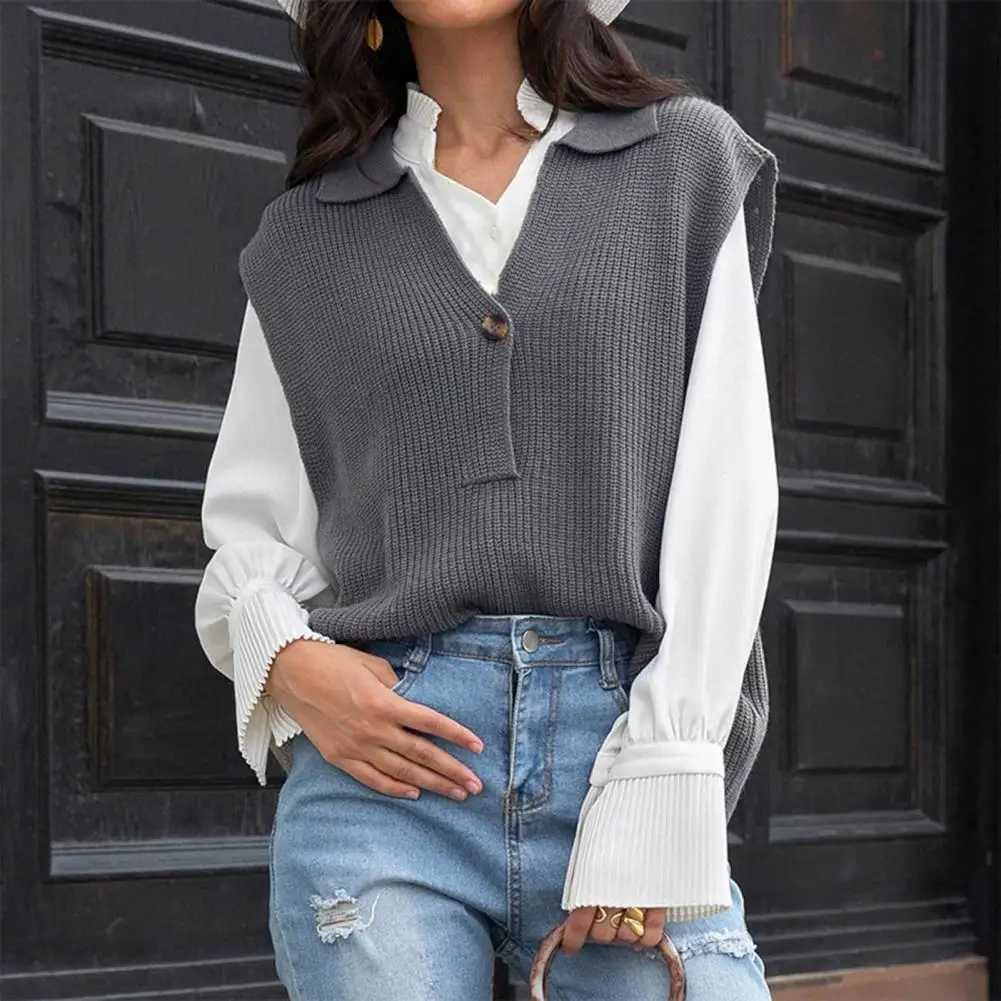 Lady Stylish Solid Color Turndown Collar Knitted Vest Dark Gray Women Vest Lapel for Party
Lady Stylish Solid Color Turndown Collar Knitted Vest Dark Gray Women Vest Lapel for Party