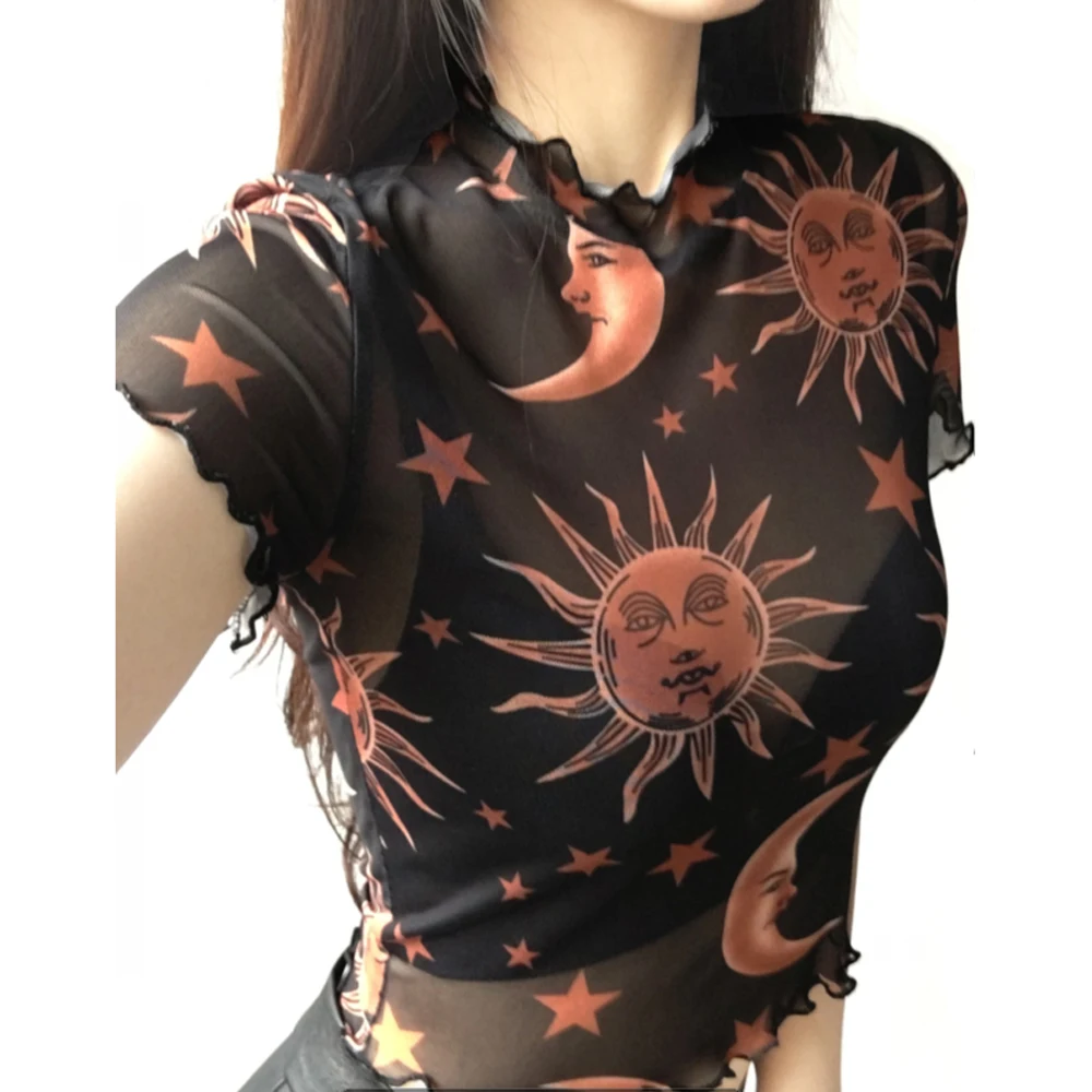 Women's Perspective Tight Tee Tops Transparent Moon Star Print Short Sleeve Ruffle Casual T-shirt
Women's Perspective Tight Tee Tops Transparent Moon Star Print Short Sleeve Ruffle Casual T-shirt