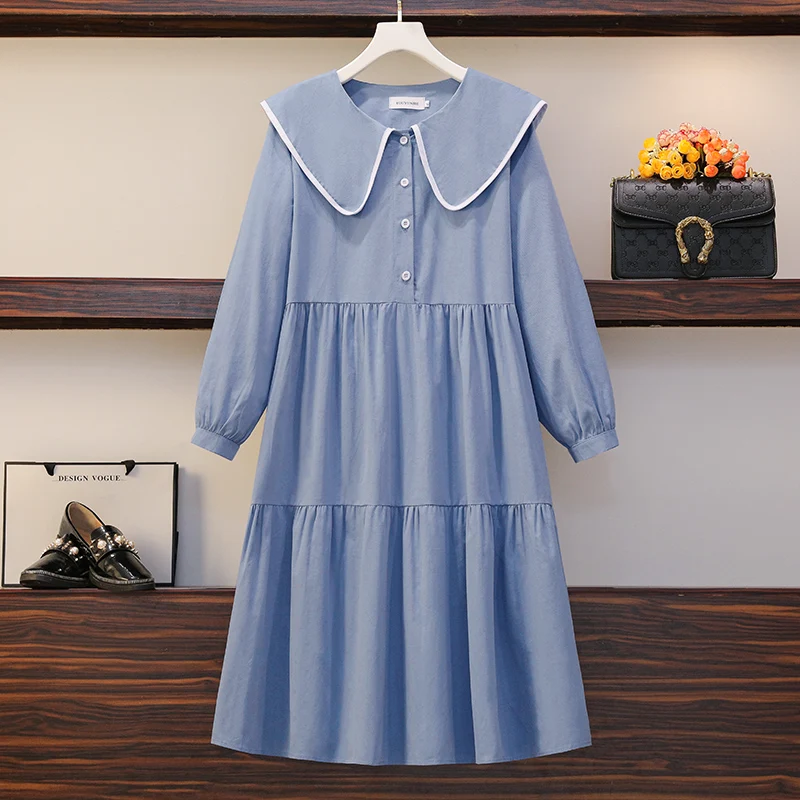Large Size Women Clothing Sweet Blue Cotton Dress Autumn 2021 Cute Peter Pan Collar Long Sleeve Loose Casual Ruffle Dresses
Large Size Women Clothing Sweet Blue Cotton Dress Autumn 2021 Cute Peter Pan Collar Long Sleeve Loose Casual Ruffle Dresses