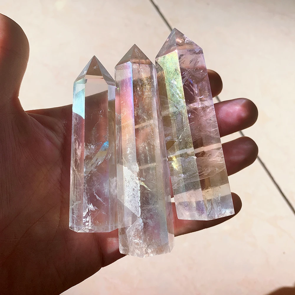

Natural Clear Quartz Electroplating Rainbow Crystal Point Wand Healing Crystals Column Crafts Fengshui Home Decoration Ornaments