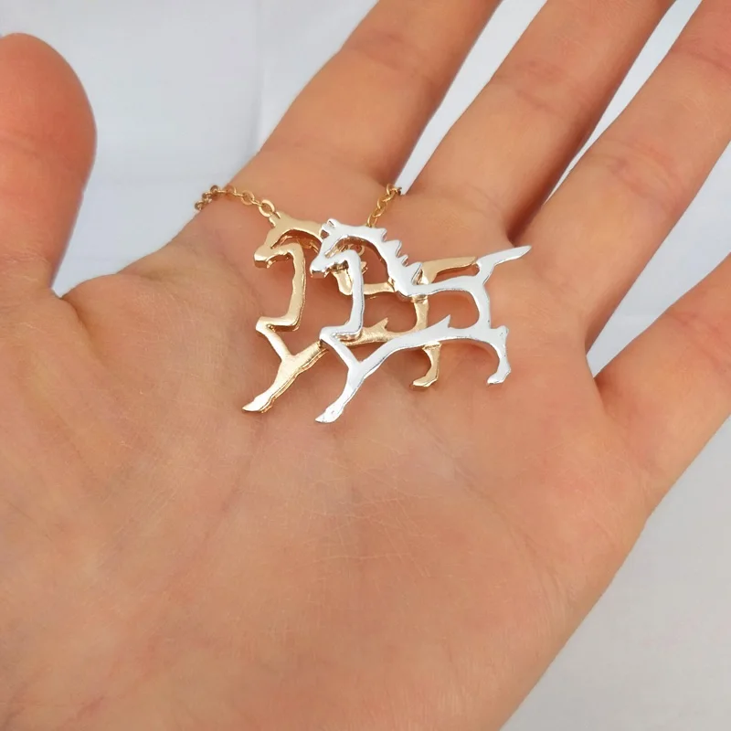 

HZEW two colors gold and silver color running two horse penadant necklaces horse necklace for horse lover