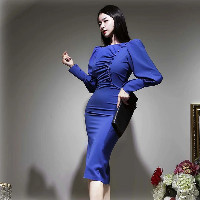 Spring Autumn High Waist Sheath Dress O-neck Buttons Stitching Puff Sleeve Pleated Party Bodycon Dresses TA3199
Spring Autumn High Waist Sheath Dress O-neck Buttons Stitching Puff Sleeve Pleated Party Bodycon Dresses TA3199
