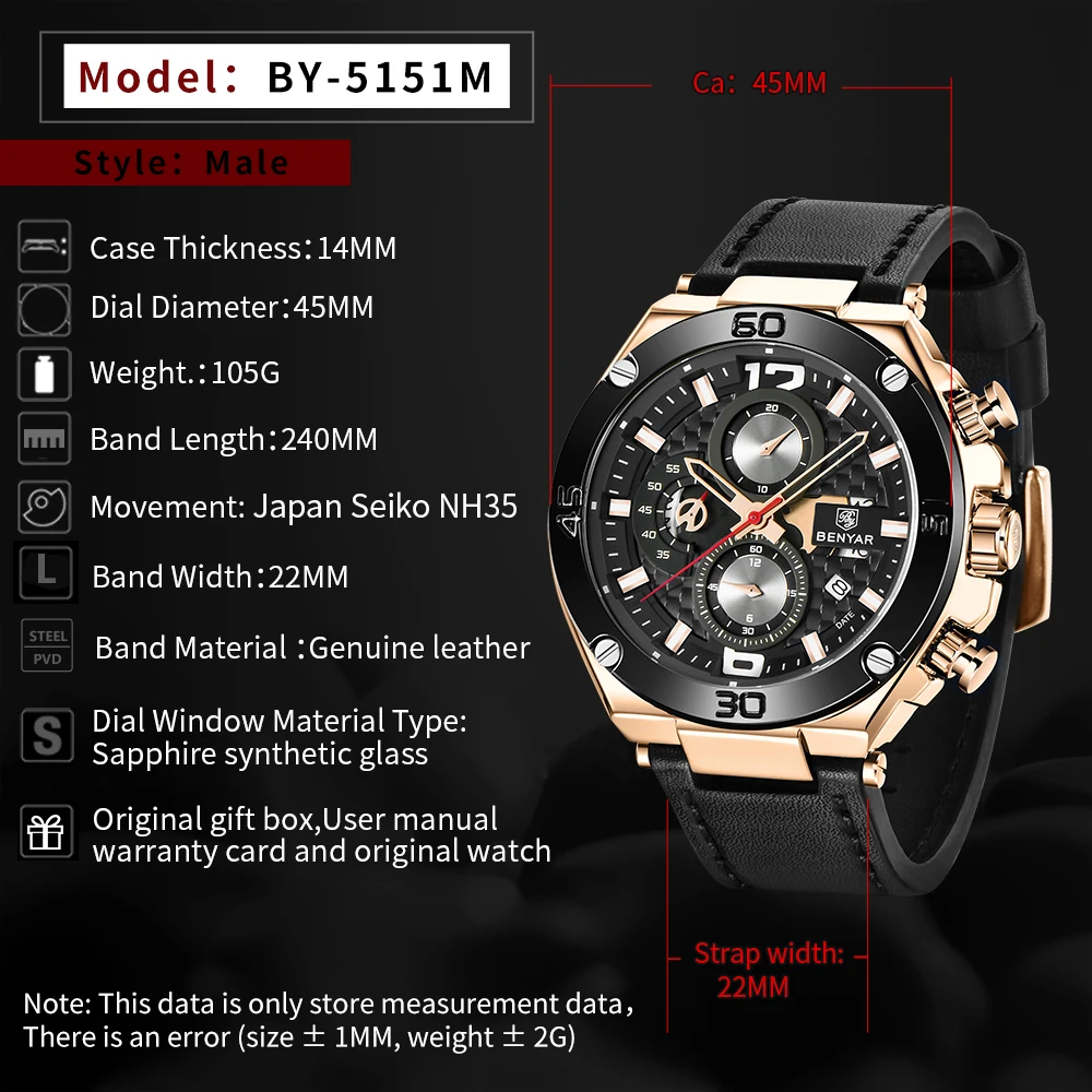 2021 BENYAR New Brand Luxury Men Watch Leather Quartz Clock Fashion Chronograph Wristwatch Male Sport Military Relogio Masculino
2021 BENYAR New Brand Luxury Men Watch Leather Quartz Clock Fashion Chronograph Wristwatch Male Sport Military Relogio Masculino