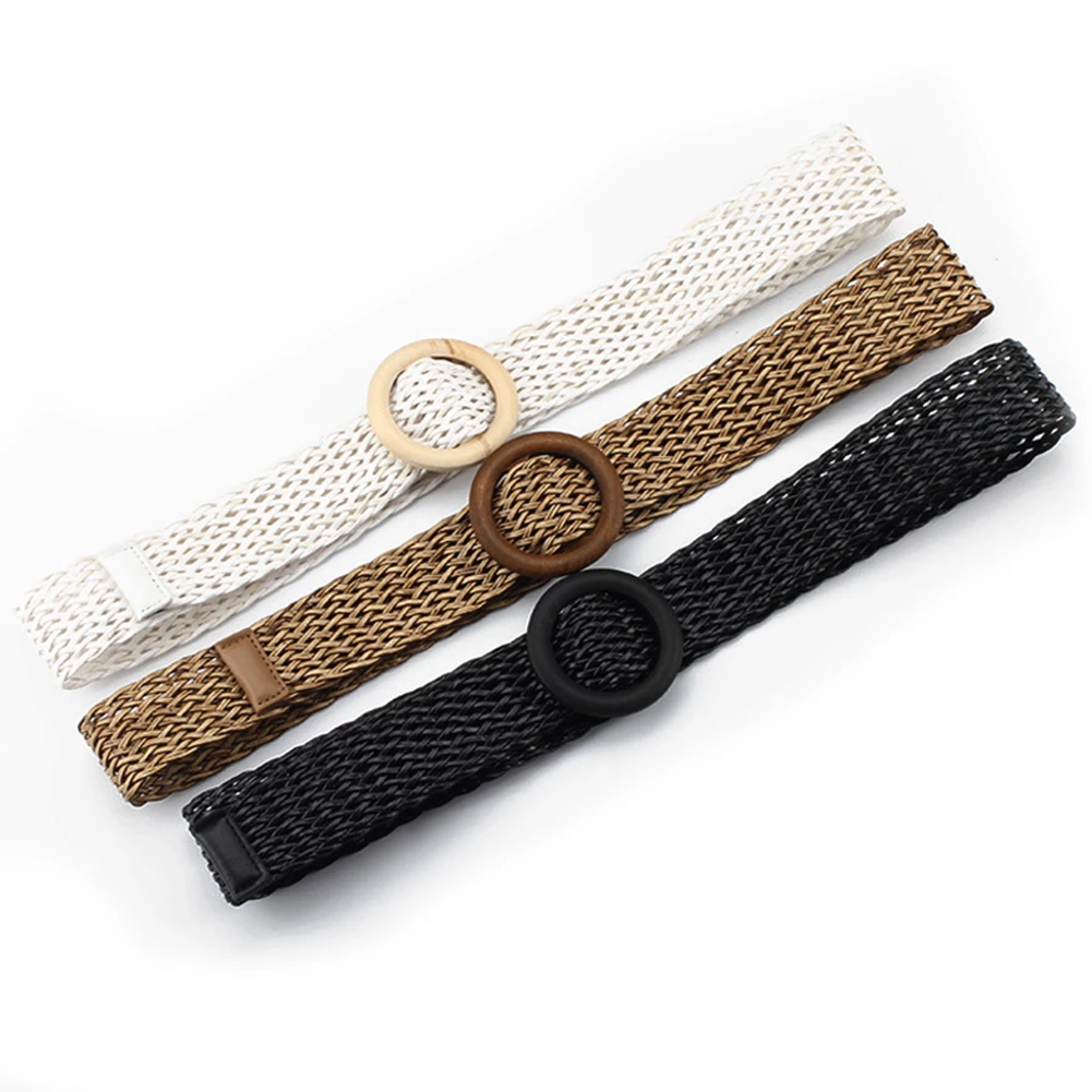1Pc New Fashion Solid Belt With Round Wooden Buckle Summer Boho Wide Braided Woven Straw Female Knitted Chain On Pants Hot | Аксессуары