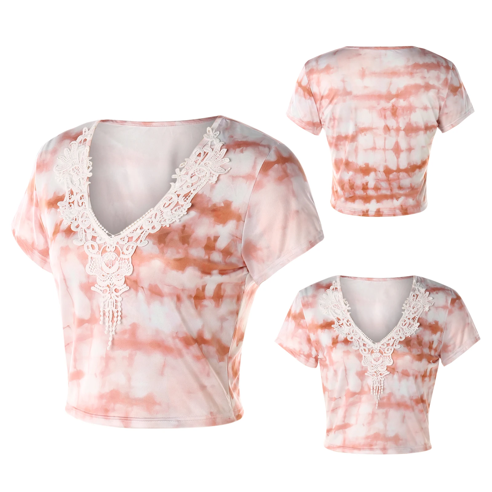 Women's Summer Short Sleeve Crop Top Sexy Deep V Neck Lace Patchwork Tie Dye Print Slim Fit Tee Shirt
Women's Summer Short Sleeve Crop Top Sexy Deep V Neck Lace Patchwork Tie Dye Print Slim Fit Tee Shirt
