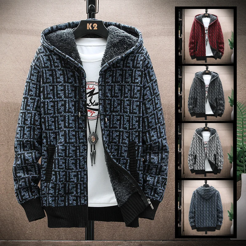 Autumn and winter men's hooded zipper cardigan faux fur wool sweater loose casual knit sweater thick woolen coat 
Autumn and winter men's hooded zipper cardigan faux fur wool sweater loose casual knit sweater thick woolen coat