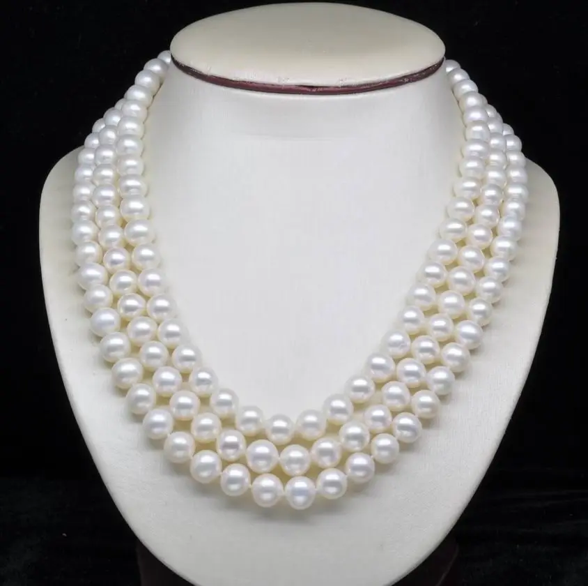 Фото A + натуральный 3-волокнистый шнур размером 8-9 мм белая Ожерелья с жемчужинами (17