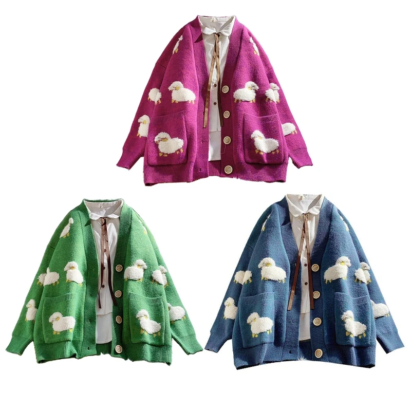 Women Autumn Long Sleeve Knitted Cardigan Cute Cartoon Sheep Print Single Breasted Sweater Coat Oversized Loose V-Neck with A5KE
Women Autumn Long Sleeve Knitted Cardigan Cute Cartoon Sheep Print Single Breasted Sweater Coat Oversized Loose V-Neck with A5KE
