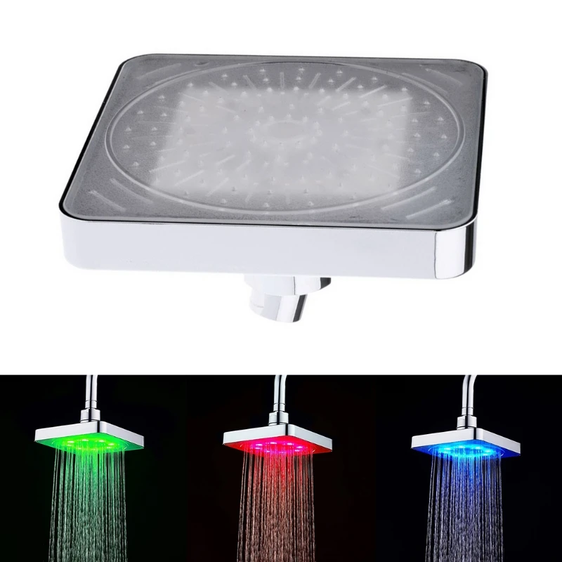 

6 Inch Square Rainfall LED Shower Head Tricolor Luminous Color Changing Temperature Sensing Bathroom Top Overhead Spray