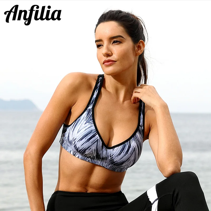 

Anfilia Women Sports Bra Med Impact Support Backcross Yoga Bra Running Workout Bra Underwear Fitness Sports Top Wave Printed Bra