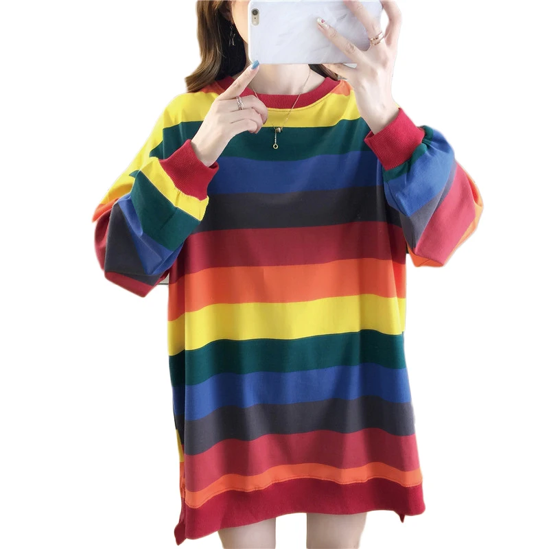 QRWR 2021 Autumn Women Weatshirt Fashion Rainbow Striped Casual Long Sleeve Hoodies Loose O Neck Oversized Hoodies Women
QRWR 2021 Autumn Women Weatshirt Fashion Rainbow Striped Casual Long Sleeve Hoodies Loose O Neck Oversized Hoodies Women
