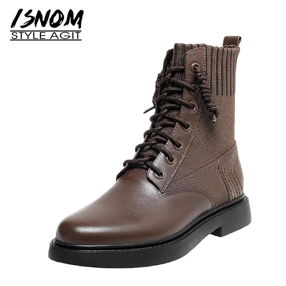 ISNOM Ladies Genuine Leather Stretch Ankle Boots Chunky Heel Fashion Cross Tied Shoes Women Round Toe Autumn Winter Boots 2020 
ISNOM Ladies Genuine Leather Stretch Ankle Boots Chunky Heel Fashion Cross Tied Shoes Women Round Toe Autumn Winter Boots 2020