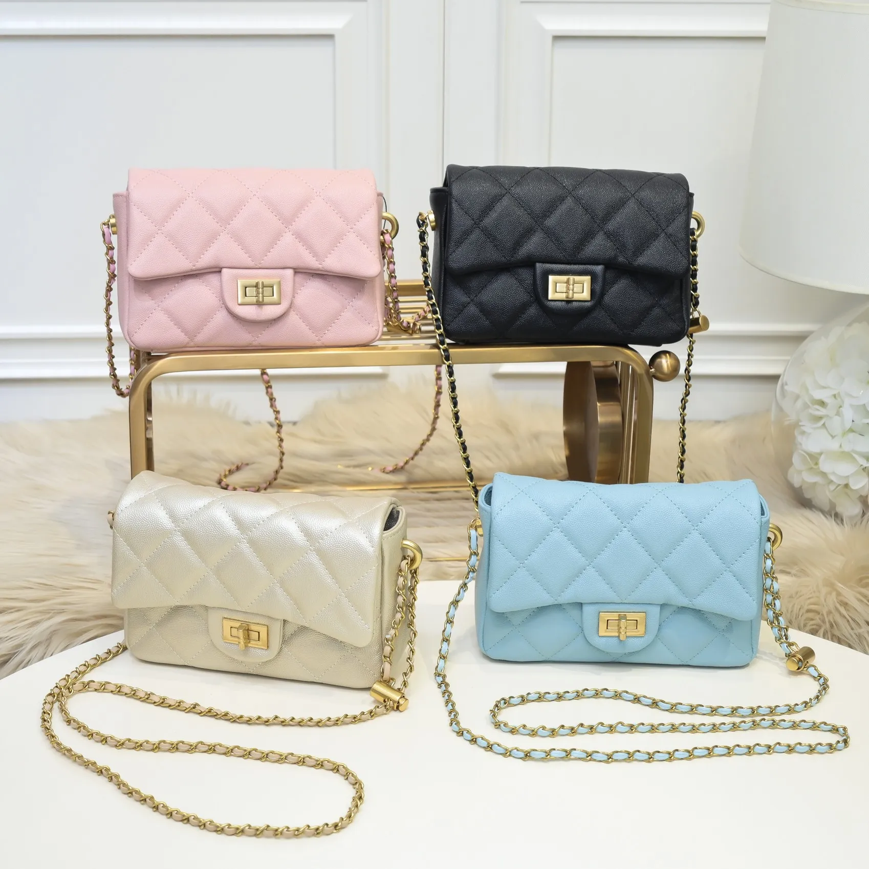 

Best Selling Leather Shoulder Slung Small Square Bag Female 2021 NewTide Small Golden Ball Square Fat Rhombic Chain Bag.