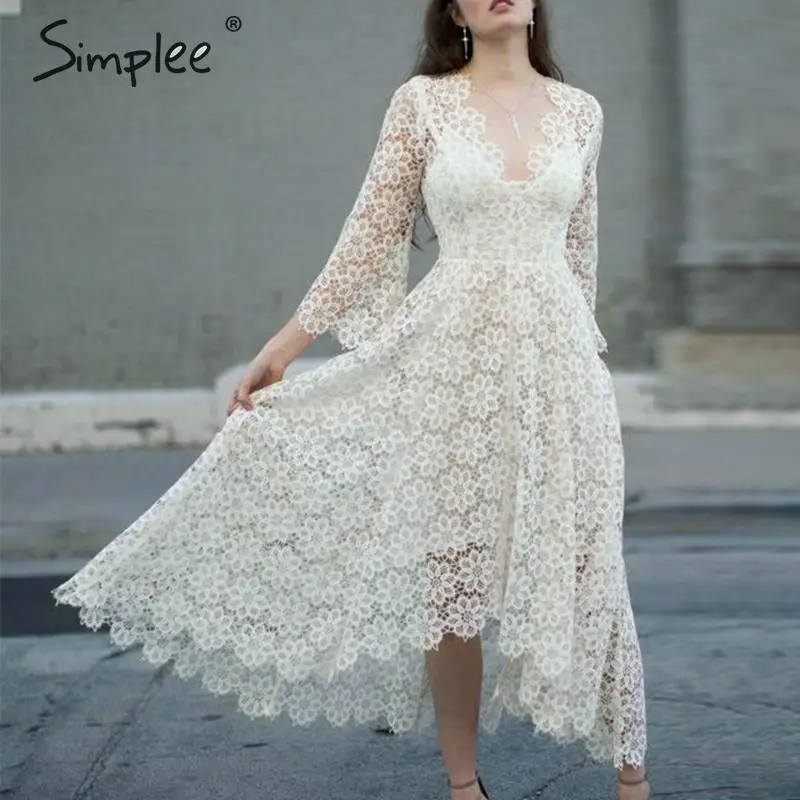 Simplee Sexy v образным вырезом прозрачное кружевное платье длинное рукавa вечернее