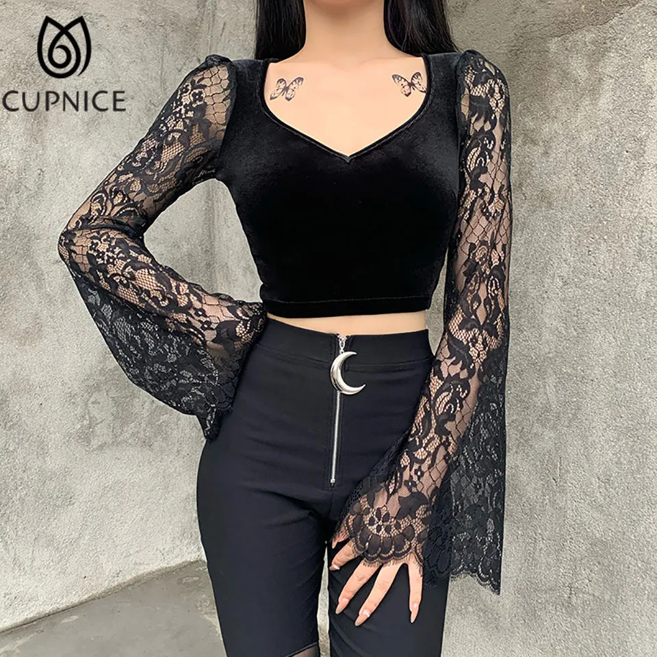 CUPNICE Gothic Flare Sleeve See-through Lace Sleeve Women Blouses Sexy V-neck Skinny Long Sleeve Solid Color Short Pullovers
CUPNICE Gothic Flare Sleeve See-through Lace Sleeve Women Blouses Sexy V-neck Skinny Long Sleeve Solid Color Short Pullovers