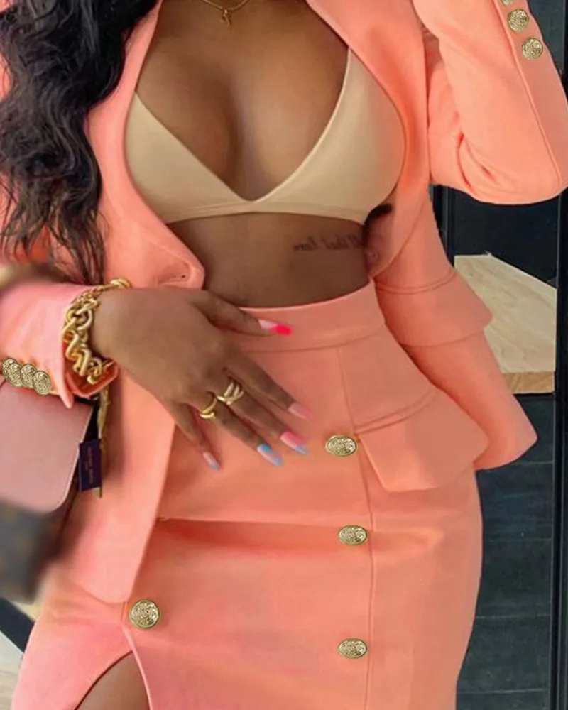 Women's Long Sleeve Blazer+Mini Skirt Short Skirt Set Lapel Collar Flap Detail Blazer & Double Breasted Split Skirt Set
Women's Long Sleeve Blazer+Mini Skirt Short Skirt Set Lapel Collar Flap Detail Blazer & Double Breasted Split Skirt Set
