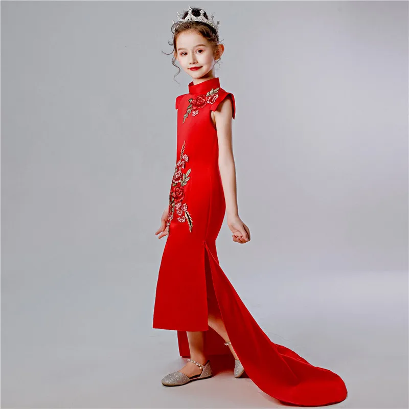 Красный в китайском стиле с вышивкой для детей новогоднее платье Ципао девочек