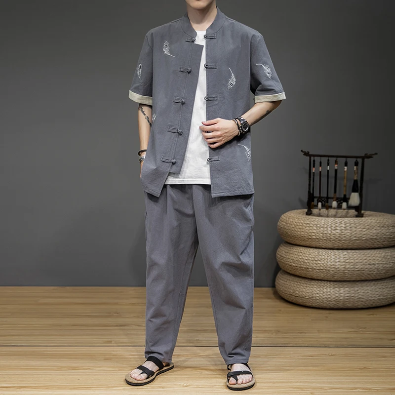 Male Two Piece Set Chinese Style Mens Tops Tang Suit Linen Short Sleeve Traditional Kung Fu China Style Hanfu Shirt +Pants 
Male Two Piece Set Chinese Style Mens Tops Tang Suit Linen Short Sleeve Traditional Kung Fu China Style Hanfu Shirt +Pants