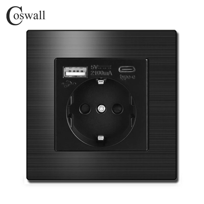 COSWALL Black Brushed Aluminum Metal Panel EU Wall Socket With Type-A & Type-C USB Charging Port L1 Series 
COSWALL Black Brushed Aluminum Metal Panel EU Wall Socket With Type-A & Type-C USB Charging Port L1 Series