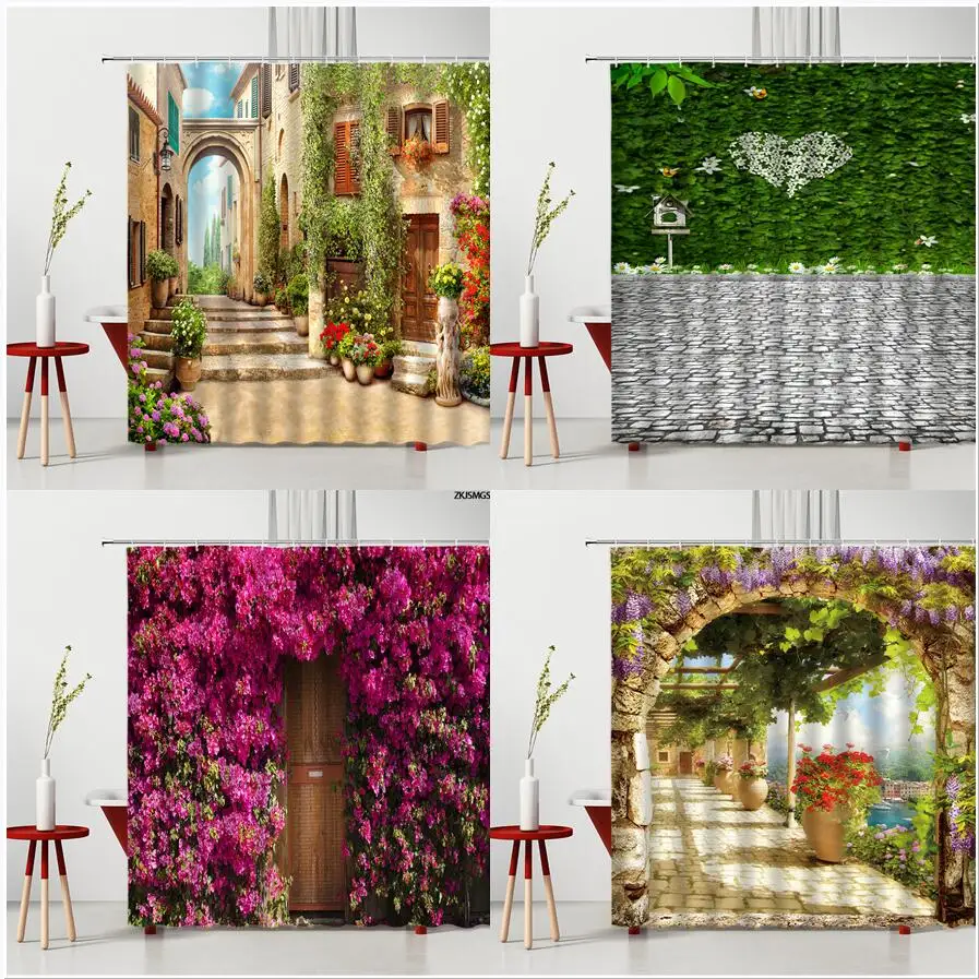 

Садовые занавески для душа с цветами и растениями, зеленая лоза, красный цветочный уличный вид, здание, ландшафт, декор для ванной комнаты, а...