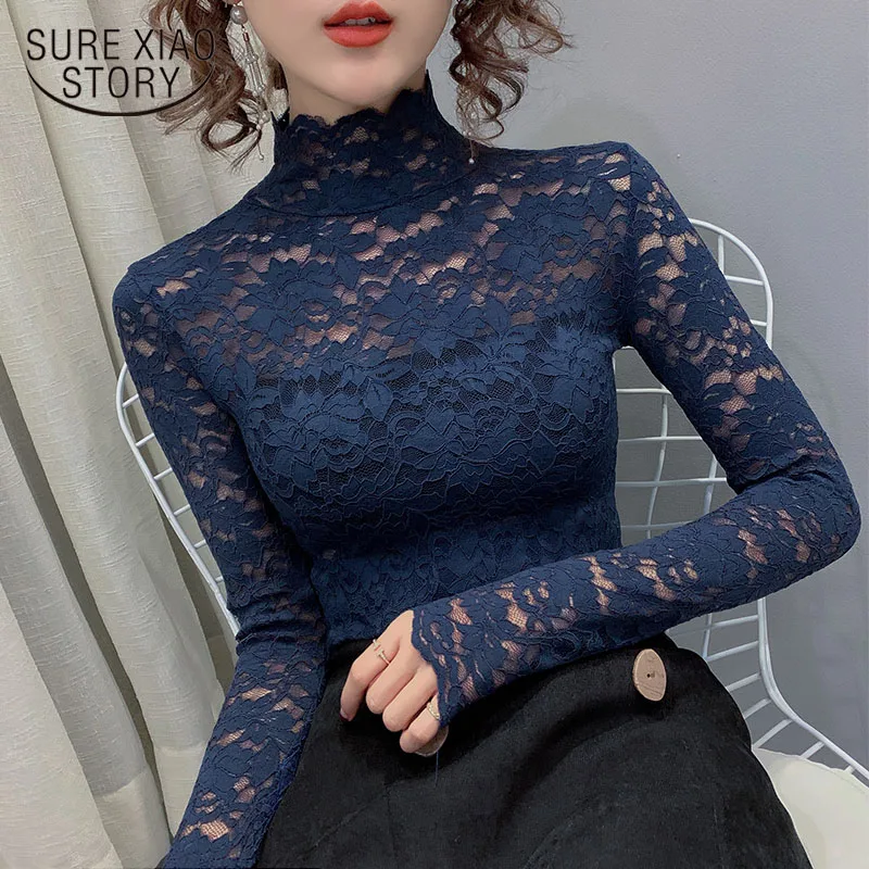 

Sexy Turtleneck Lace Blouse Long Sleeve Shirt Women Autumn Winter Blouses See Through Lady Tops Hollow Mesh Female Blusas 11418