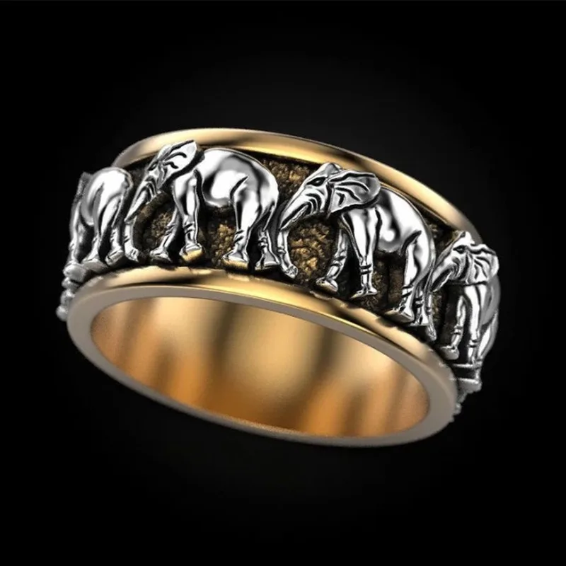 

New Vintage S925 Silver Two-tone Auspicious Meaning Elephant Circle Ring Unisex Gift Jewelry Ring Wholesale