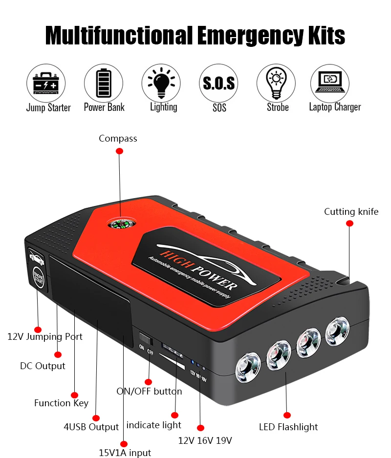 Car Jump Starter 69800mAh Power Bank Portable Emergency Charger With Safety Hammer Car Booster Starting Device Waterproof 600A 
Car Jump Starter 69800mAh Power Bank Portable Emergency Charger With Safety Hammer Car Booster Starting Device Waterproof 600A