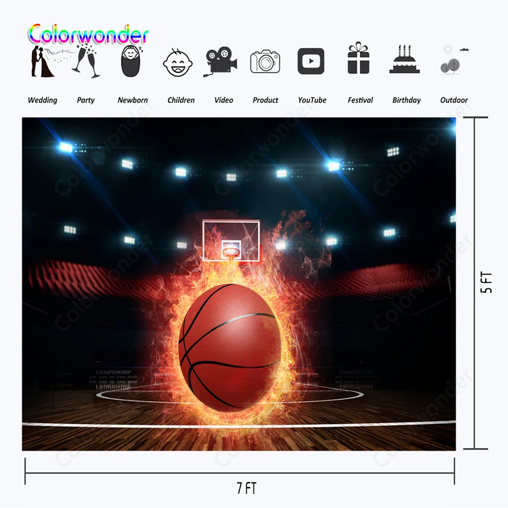 Задний фон для фотосъемки с изображением огненного балла Basketabll Court MVP вечерние