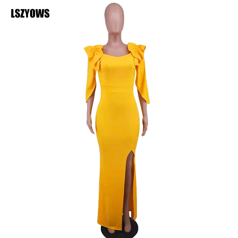 Elegant Women Maxi Dresses 2021 Summer Half Sleeve Ruffled Black Bodycon Dress Sexy Side Slit Long Evening Party Dress Vestidos
Elegant Women Maxi Dresses 2021 Summer Half Sleeve Ruffled Black Bodycon Dress Sexy Side Slit Long Evening Party Dress Vestidos