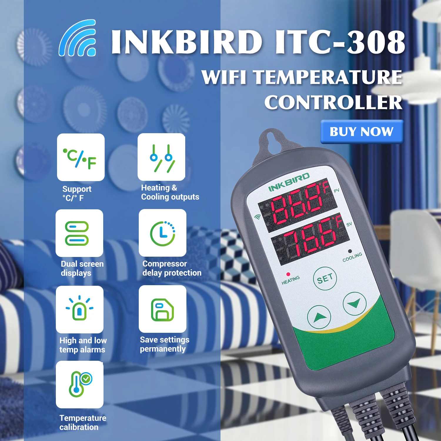 

INKBIRD Incubator Temperature Controller ITC-308-WIFI Thermostat 220V Sensor with Dual Relay LED Display for Floor Birds Brewing