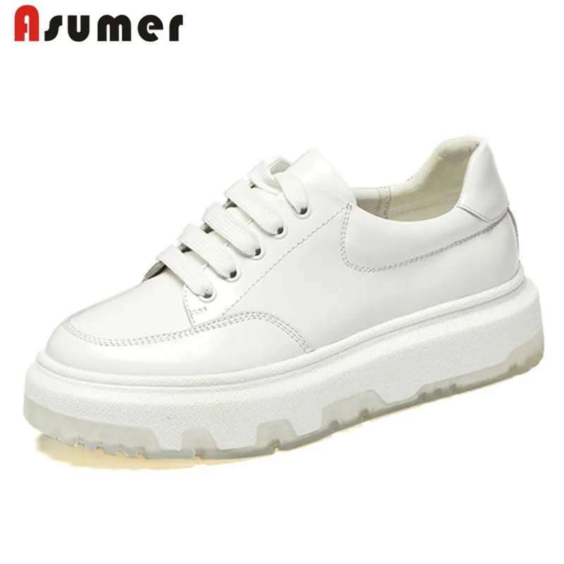 Женские кроссовки из натуральной кожи Asumer, на плоской платформе, на шнуровке, белые, повседневные 
Женские кроссовки из натуральной кожи Asumer, на плоской платформе, на шнуровке, белые, повседневные