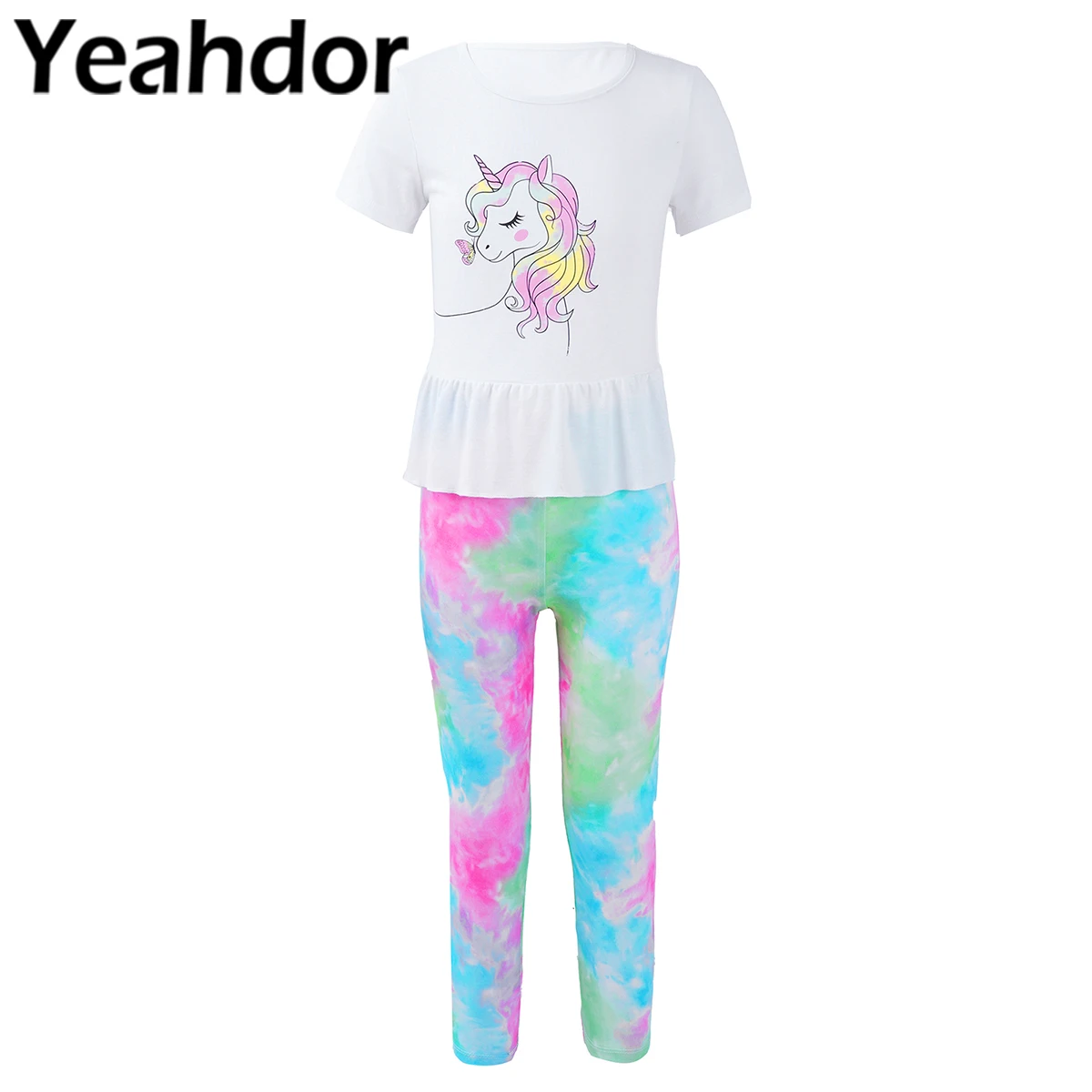Kids Girls Children Casual Sport Suit Sportwear Short Sleeves Cartoon Horse Print Ruffle Peplum Tops and Tie Dye Print Pants Set
Kids Girls Children Casual Sport Suit Sportwear Short Sleeves Cartoon Horse Print Ruffle Peplum Tops and Tie Dye Print Pants Set