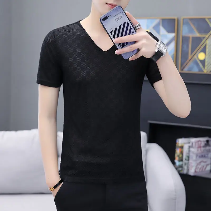 Men's mesh V-neck hollowed out large size hole casual chicken heart collar ultra thin loose ice silk men's shirt
Men's mesh V-neck hollowed out large size hole casual chicken heart collar ultra thin loose ice silk men's shirt