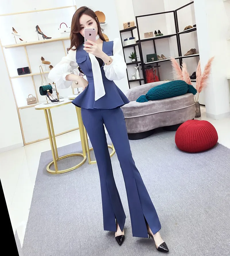 2020 Spring suit female new lace-up bow mesh splicing shirt top + high-waist flared pants 2 piece sets
2020 Spring suit female new lace-up bow mesh splicing shirt top + high-waist flared pants 2 piece sets