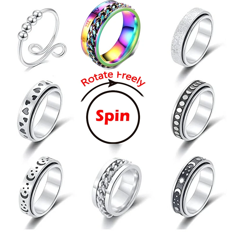 Stainless Steel Spinner Ring For Men Women Anxiety Fidget Beads Rings Moon Star Cat Heart Roman Numerals Rotating Ring Wholesale
Stainless Steel Spinner Ring For Men Women Anxiety Fidget Beads Rings Moon Star Cat Heart Roman Numerals Rotating Ring Wholesale