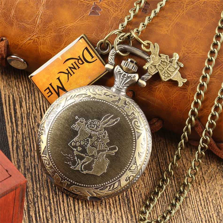 Alice Necklace Pocket Watch with Rabbit Drink Me Tag Accessory Lovely Clock Sweater Chain Bronze Quartz Pendant | Наручные часы