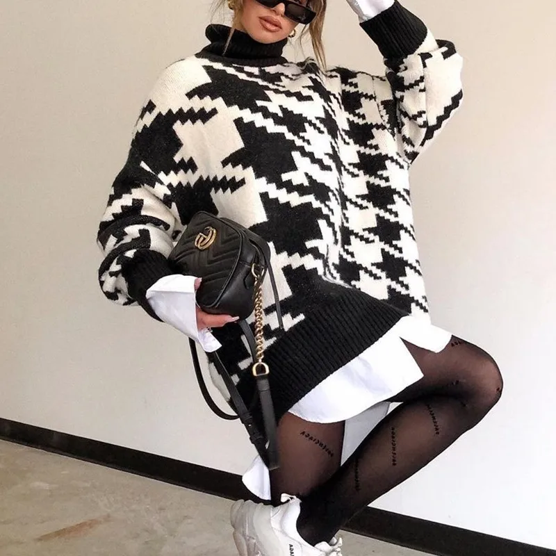 SHZQ Women Knitting Turtleneck Long Sleeve Black Pullovers Houndstooth Retro Tops Autumn Winter Loose Jumper Oversized Sweaters
SHZQ Women Knitting Turtleneck Long Sleeve Black Pullovers Houndstooth Retro Tops Autumn Winter Loose Jumper Oversized Sweaters