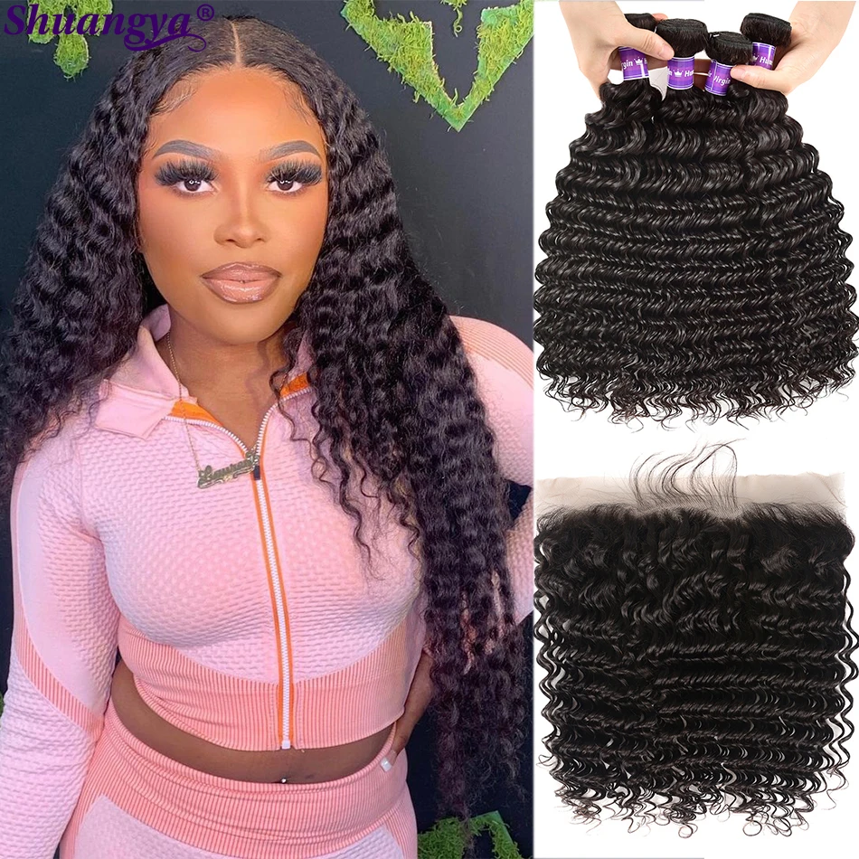 Глубокая волна пряди withFrontal бразильские волосы с закрытием 5x5 HD кружева Remy 100%