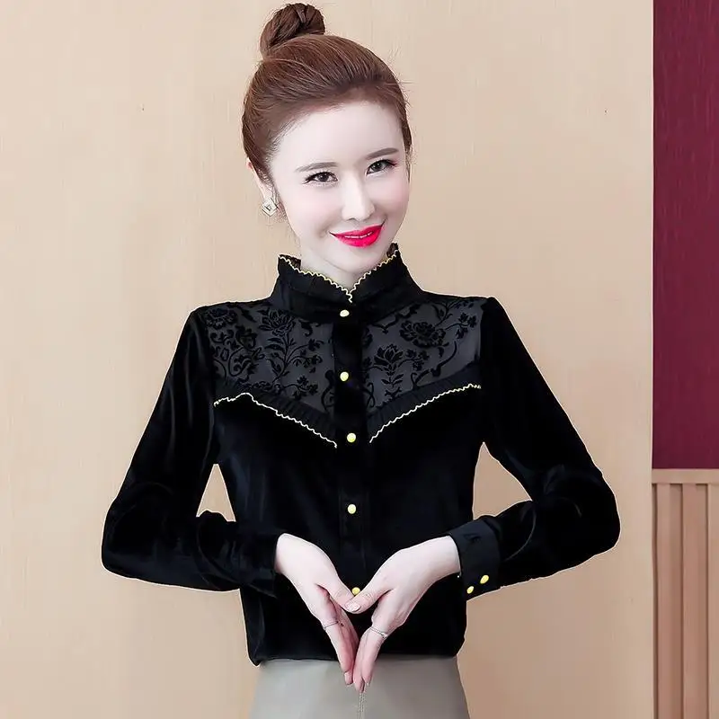 Western style gold velvet blouse women 2021 spring and autumn new style lace stitching shirt with wood ears
Western style gold velvet blouse women 2021 spring and autumn new style lace stitching shirt with wood ears