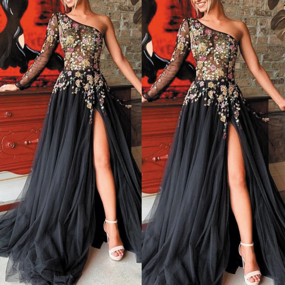 SuperKimJo One Shoulder Black Prom Dresses Long Embrodiery Applique Elegant A Line Cheap Prom Gown Vestido De Festa
SuperKimJo One Shoulder Black Prom Dresses Long Embrodiery Applique Elegant A Line Cheap Prom Gown Vestido De Festa