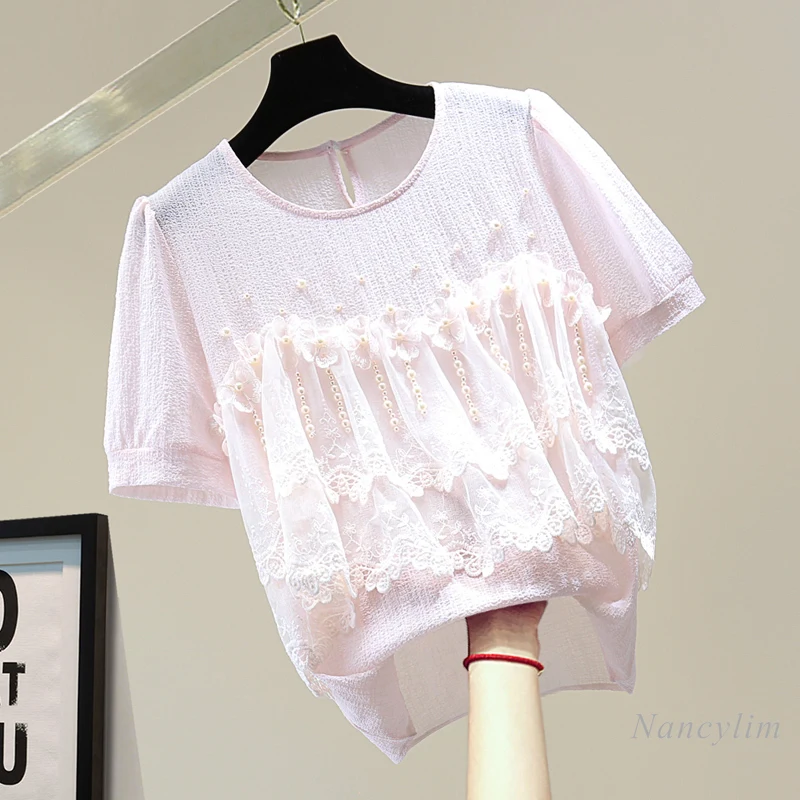 Beads Three-Dimensional Flower Short Sleeved Shirt Women 2021 Summer Korean Style Loose Lace Patch Pullover Chiffon Blouse Top
Beads Three-Dimensional Flower Short Sleeved Shirt Women 2021 Summer Korean Style Loose Lace Patch Pullover Chiffon Blouse Top