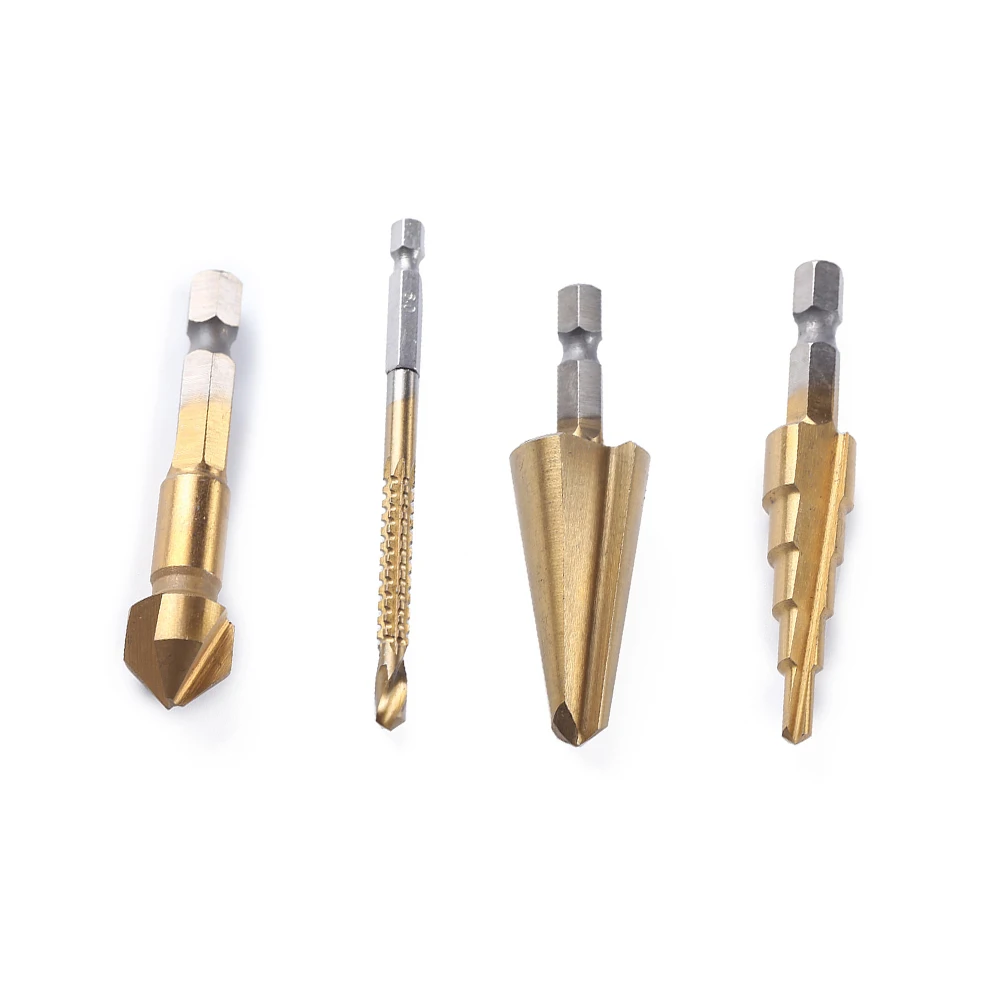 4pcs/Set Step Drill Bit Hss Titanium Coated Step Cone Metal Hole Cutter Metal Hex Tapered Drill Power Tools Accessories
4pcs/Set Step Drill Bit Hss Titanium Coated Step Cone Metal Hole Cutter Metal Hex Tapered Drill Power Tools Accessories