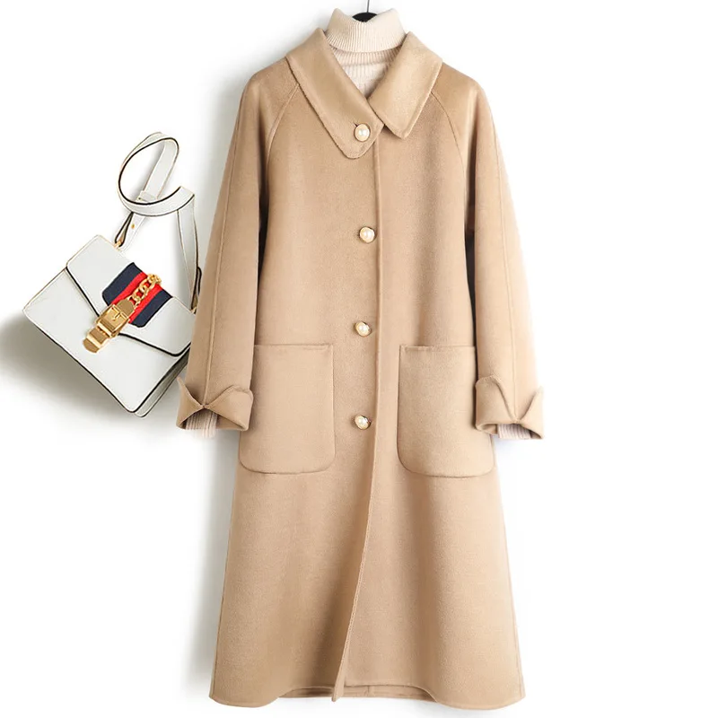 single New collar personalized row asymmetric pearl button double face wool coat women's medium length 
single New collar personalized row asymmetric pearl button double face wool coat women's medium length
