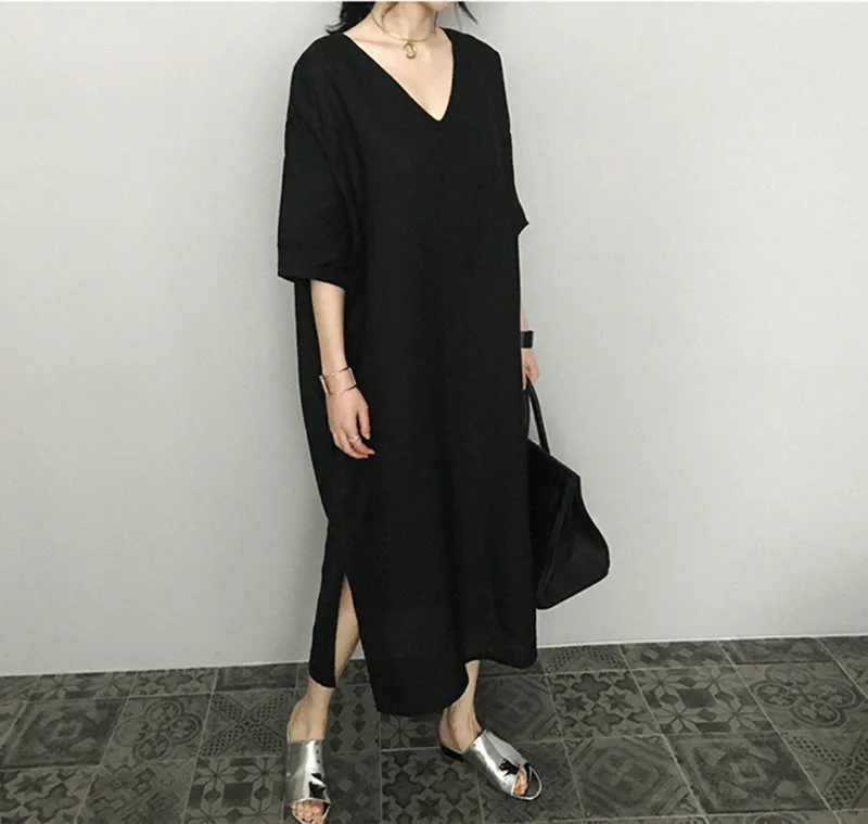 Casuall Women Long Dress Korean 2021 V-neck Side Split Linen Solid Loose Waist Mid-Calf Loose Summer Maxi Dresses Women Japan
Casuall Women Long Dress Korean 2021 V-neck Side Split Linen Solid Loose Waist Mid-Calf Loose Summer Maxi Dresses Women Japan